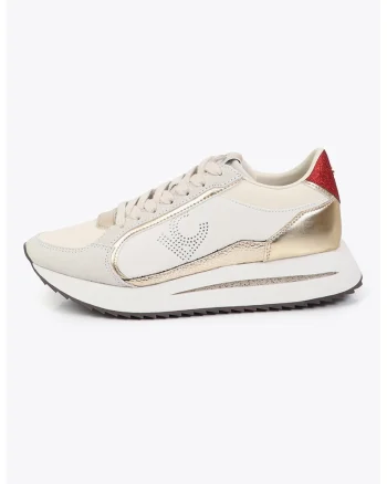 Pantofi sport cu insertii din piele ecologica, Auriu/Crem