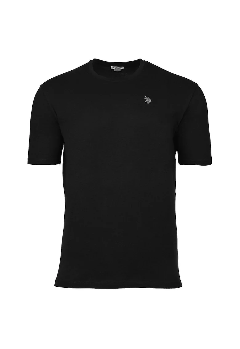 Tricou de bumbac cu decolteu la baza gatului si logo discret, Negru