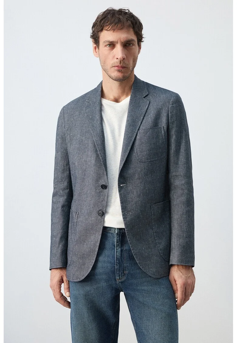 Sacou slim-fit din amestec de in, Albastru inchis melange