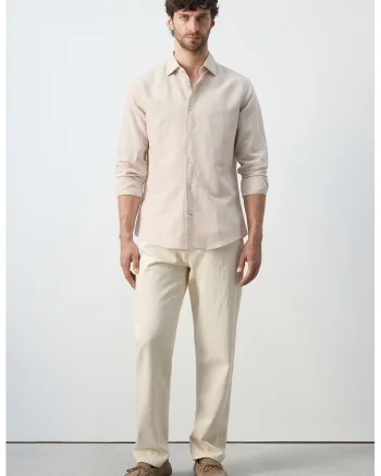 Camasa slim-fit din amestec de in cu dungi, Roz somon