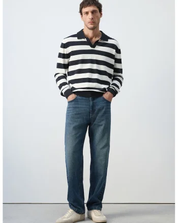 Bluza polo din bumbac cu dungi, Alb/Bleumarin