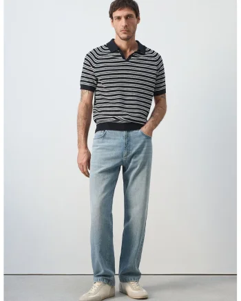 Tricou polo de bumbac cu model in dungi, Alb/Bleumarin