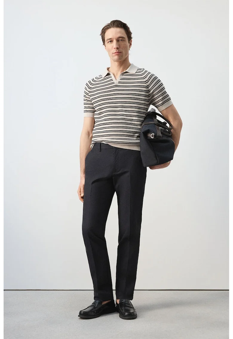 Tricou polo de bumbac cu model in dungi, Negru/Bej deschis