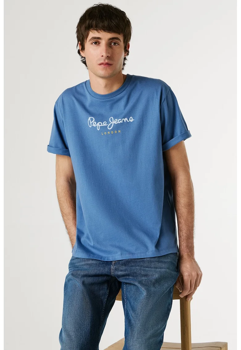 Tricou din bumbac cu imprimeu logo, Alb/Albastru cobalt
