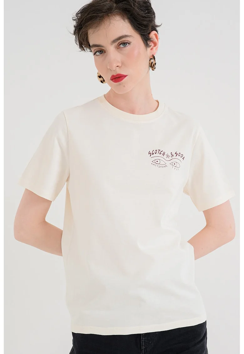 Tricou cu decolteu rotund si logo, Visiniu/Bej deschis