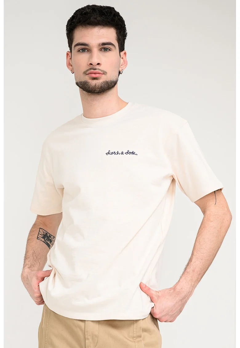 Tricou cu decolteu la baza gatuui si logo, Bej deschis