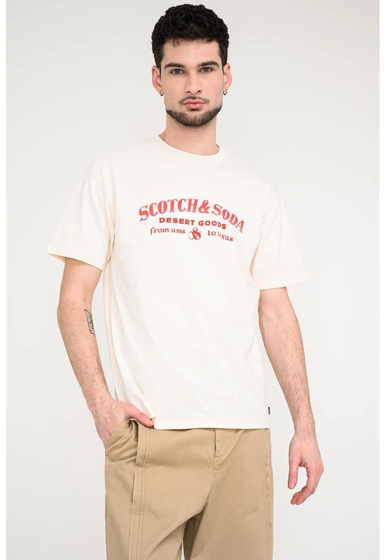 Tricou din bumbac organic cu imprimeu logo, Rosu/Bej deschis