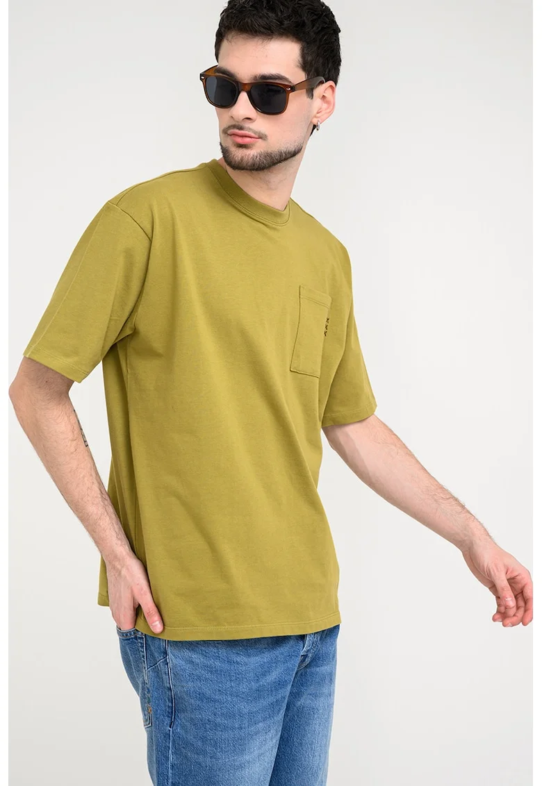 Tricou din bumbac organic cu decolteu la baza gatului, Verde masliniu