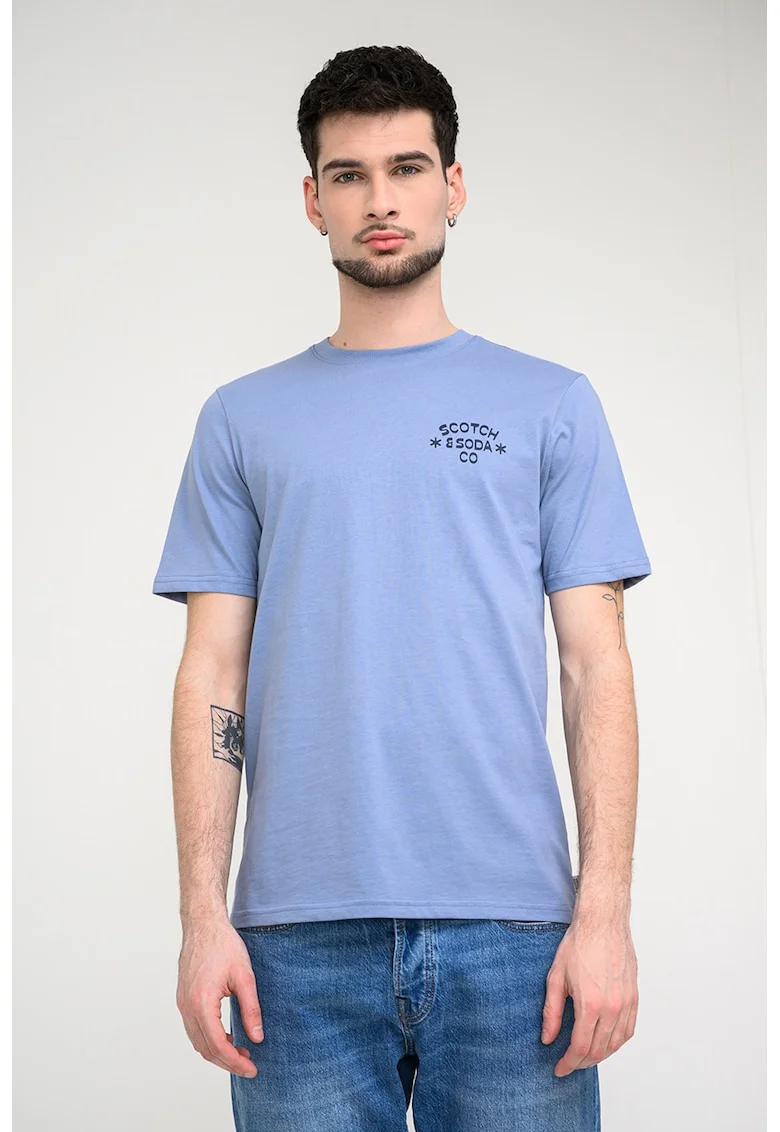 Tricou din bumbac organic cu decolteu la baza gatului, Albastru prafuit