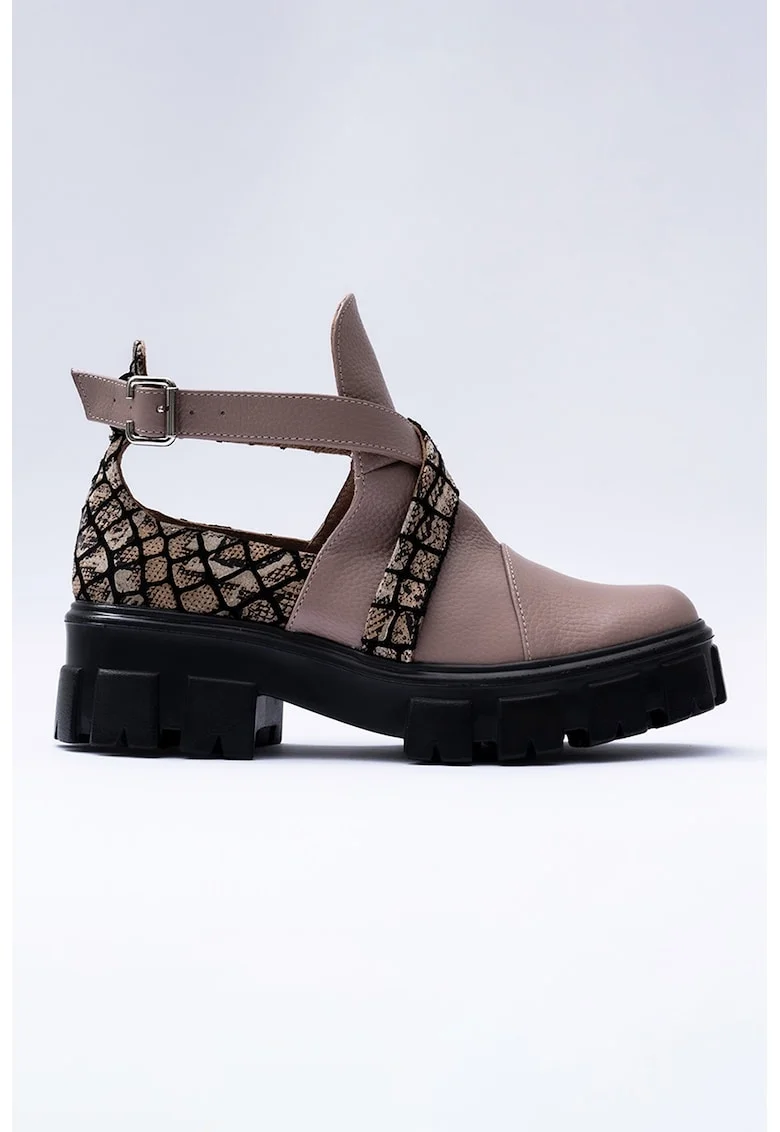 Pantofi casual din piele cu decupaje, Negru/Bej/Roz prafuit