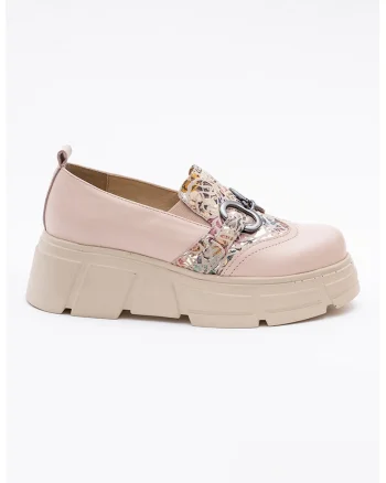 Pantofi loafer wedge din piele cu imprimeu floral, Roz pal/Argintiu