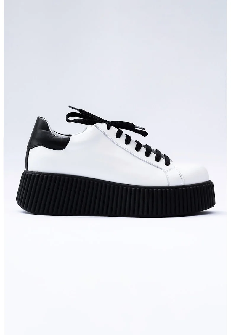Pantofi sport wedge din piele, Negru/Alb optic