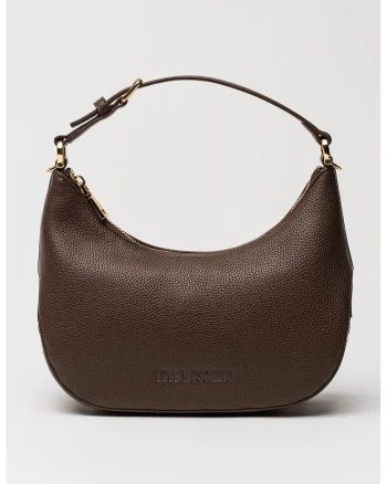 Geanta de piele ecologica cu bareta de umar si logo metalic, Maro inchis