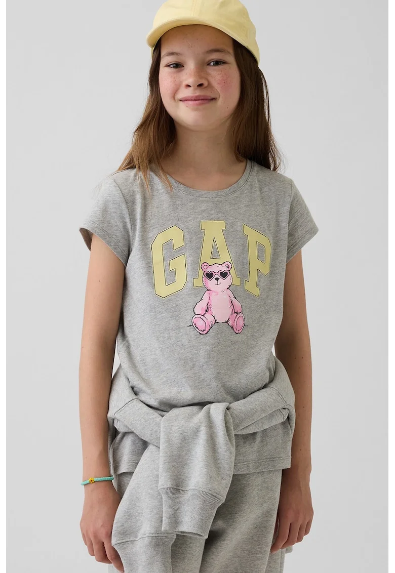 Tricou din bumbac cu imprimeu logo, Galben pastel/Gri melange