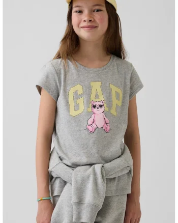 Tricou din bumbac cu imprimeu logo, Galben pastel/Gri melange