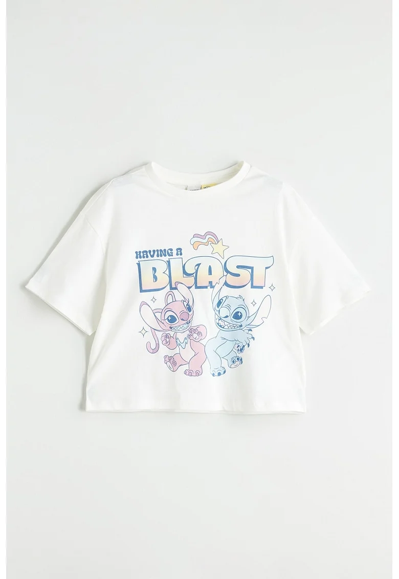 Tricou crop cu imprimeu cu Stitch And Angel, Albastru pastel/Alb murdar