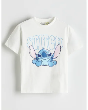 Tricou din bumbac cu imprimeu cu Stitch, Albastru pastel/Alb murdar