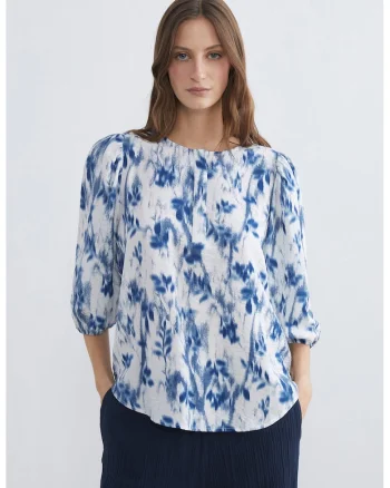 Bluza cu imprimeu si maneci 3/4, Alb/Albastru inchis