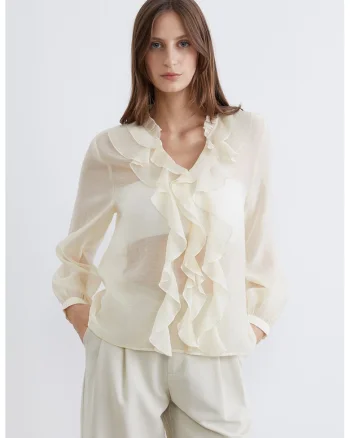 Bluza din amestec de lyocell cu decolteu in V, Alb fildes