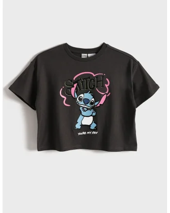 Tricou crop din amestec de bumbac cu imprimeu cu Stitch, Albastru pastel/Roz pastel/Negru stins