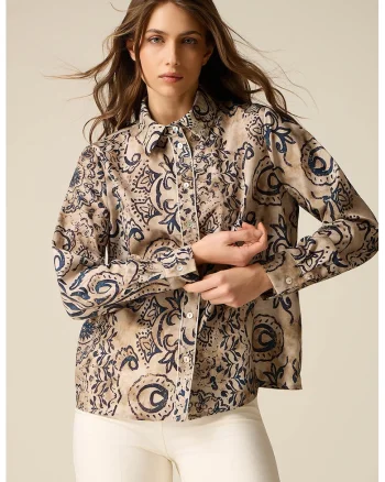 Camasa din satin cu model, Bej/Bleumarin