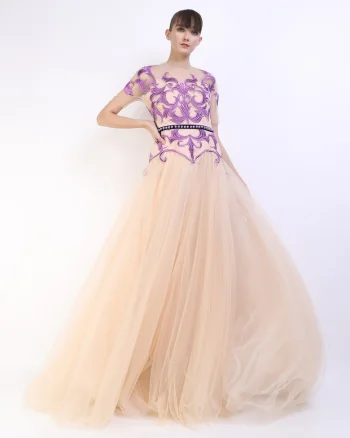 Rochie maxi din tul cu dantela Tatiana, Bej