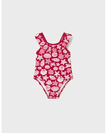 Costum de baie cu model si volane, Rosu/Alb