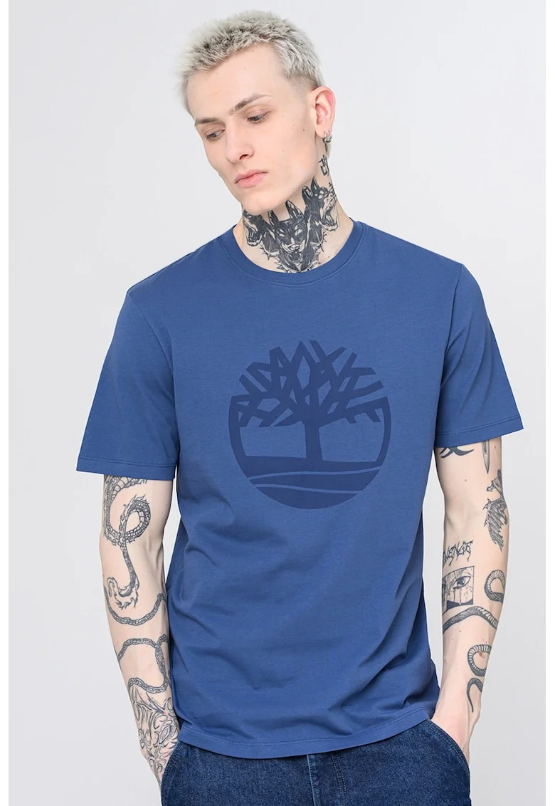 Tricou de bumbac cu imprimeu logo, Albastru inchis