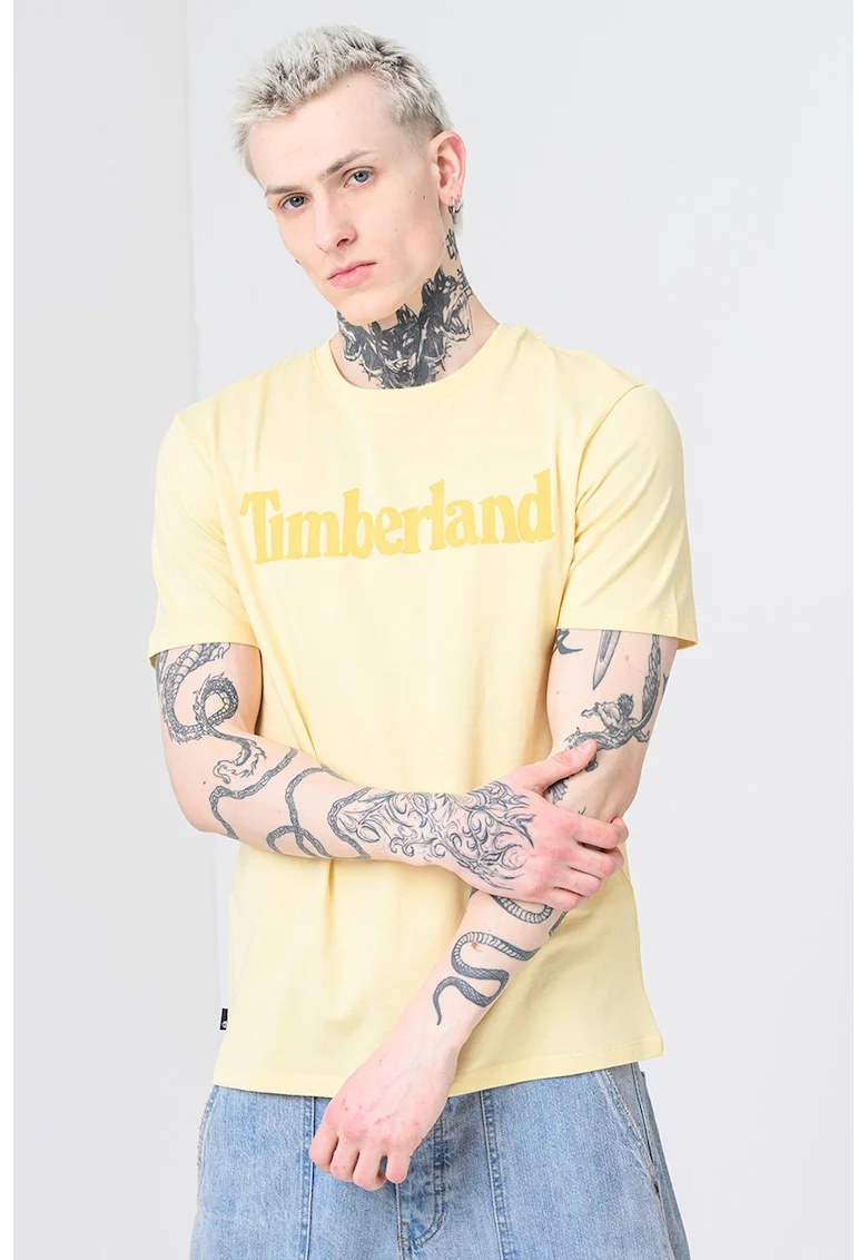 Tricou cu imprimeu logo contrastant Linear, Galben pai