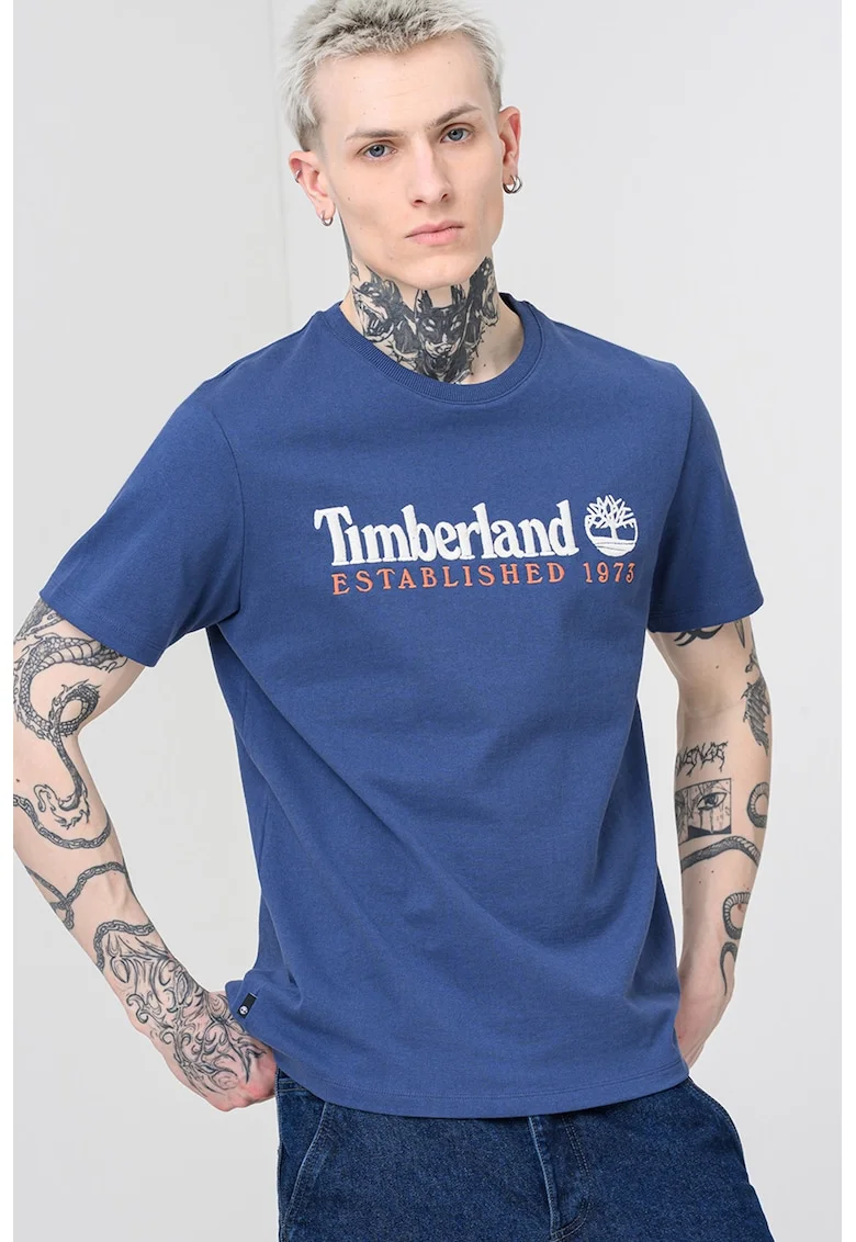 Tricou regular fit cu logo brodat, Alb/Albastru inchis