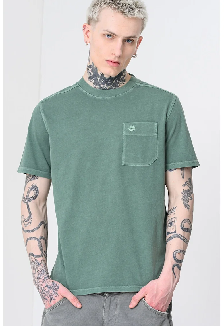 Tricou de bumbac cu decolteu la baza gatului, Verde