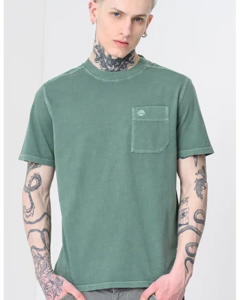 Tricou de bumbac cu decolteu la baza gatului, Verde