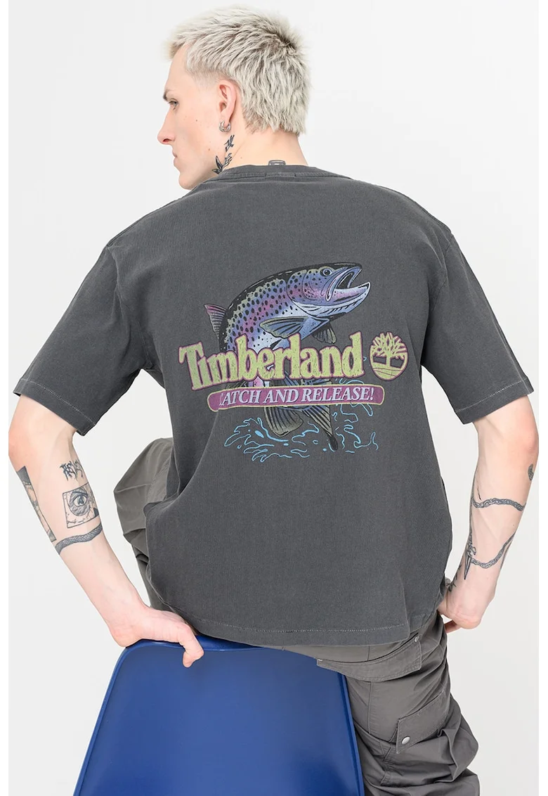 Tricou din bumbac cu imprimeu grafic pe partea din spate, Gri antracit