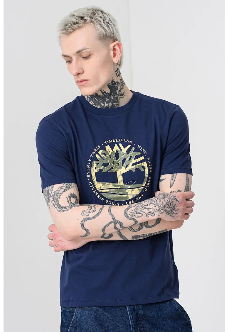 Tricou cu decolteu la baza gatului si imprimeu, Galben/Bleumarin