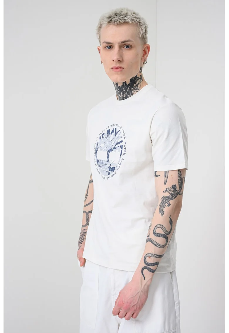 Tricou cu decolteu la baza gatului si imprimeu, Alb/Albastru inchis