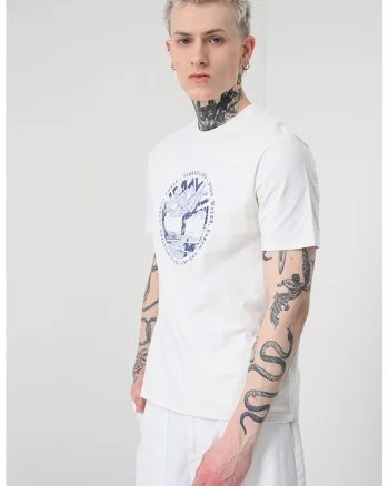 Tricou cu decolteu la baza gatului si imprimeu, Alb/Albastru inchis