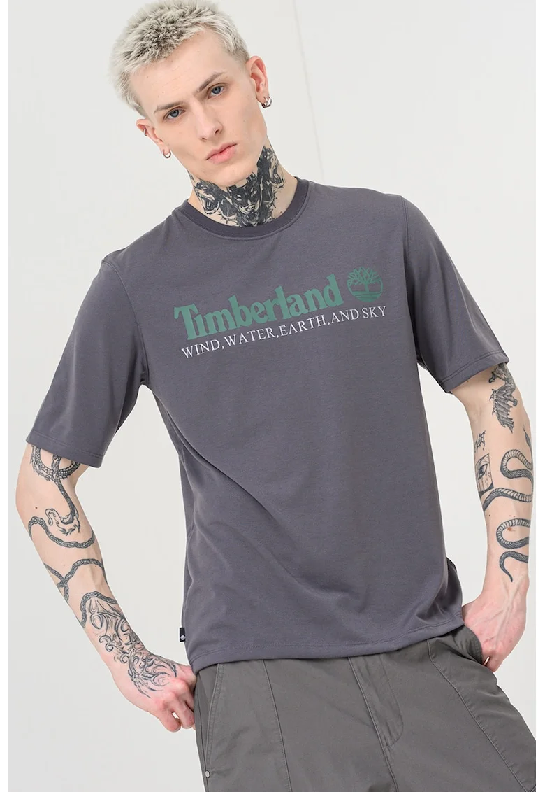 Tricou cu decolteu la baza gatului si imprimeu logo, Alb/Gri inchis