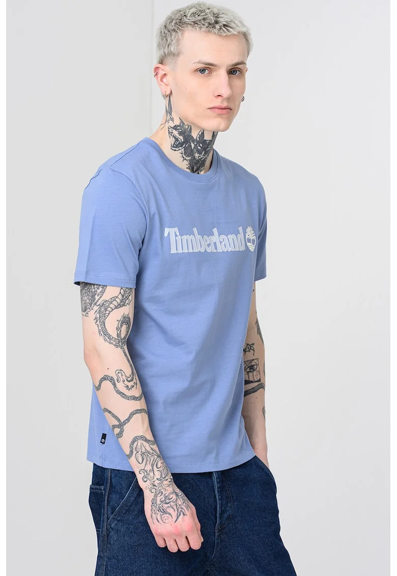 Tricou cu decolteu la baza gatului si imprimeu logo Linear, Albastru prafuit