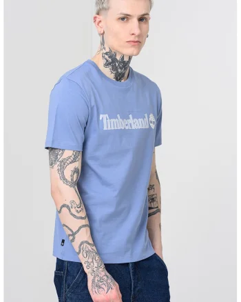 Tricou cu decolteu la baza gatului si imprimeu logo Linear, Albastru prafuit