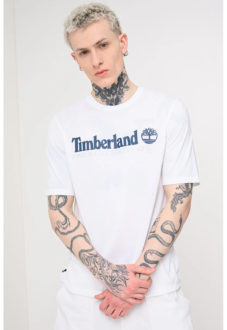 Tricou cu decolteu la baza gatului si imprimeu logo, Alb/Bleumarin