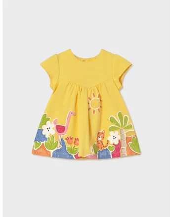 Rochie evazata de bumbac cu model, Galben pai