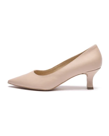 Pantofi din piele cu varf ascutit si toc kitten, Bej