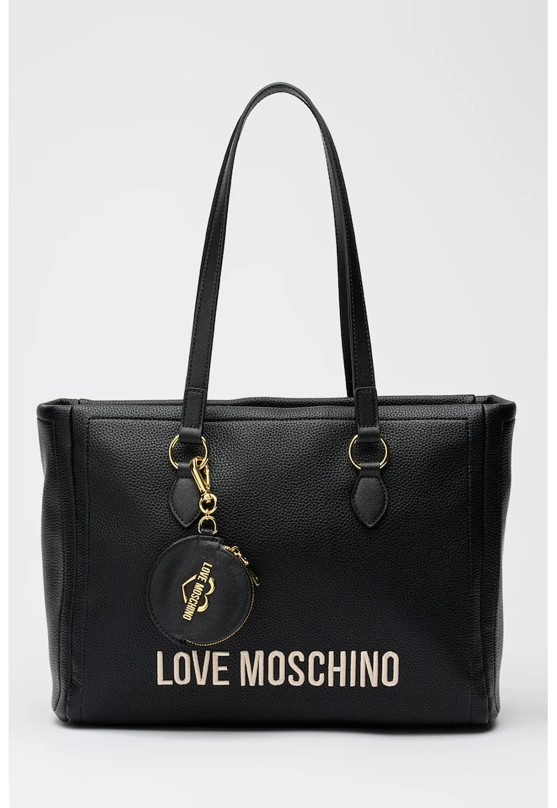 Geanta tote de piele ecologica cu logo brodat, Negru