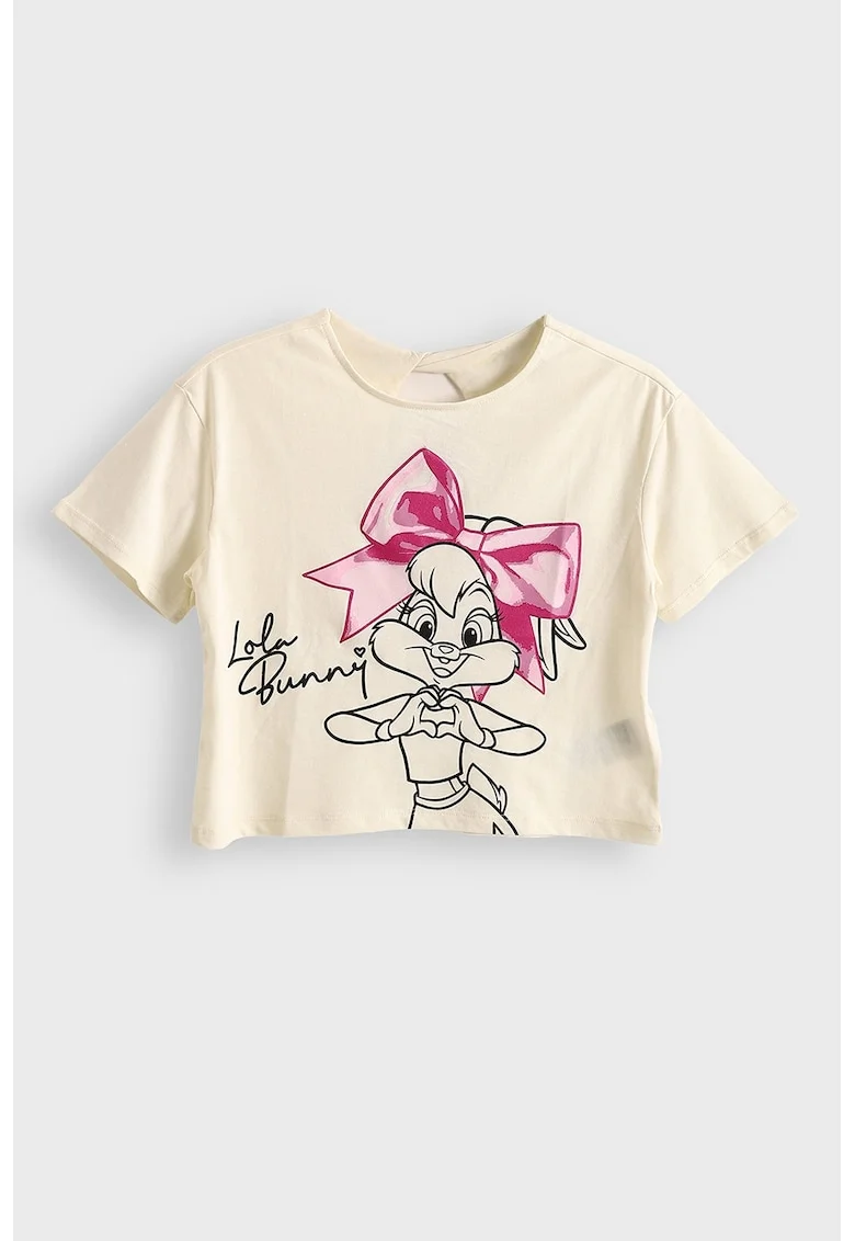 Tricou cu imprimeu si decolteu la baza gatului Lola Bunny, Roz pastel/Galben pal/Negru stins