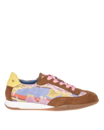 Pantofi sport din piele si piele intoarsa cu imprimeu floral, Maro