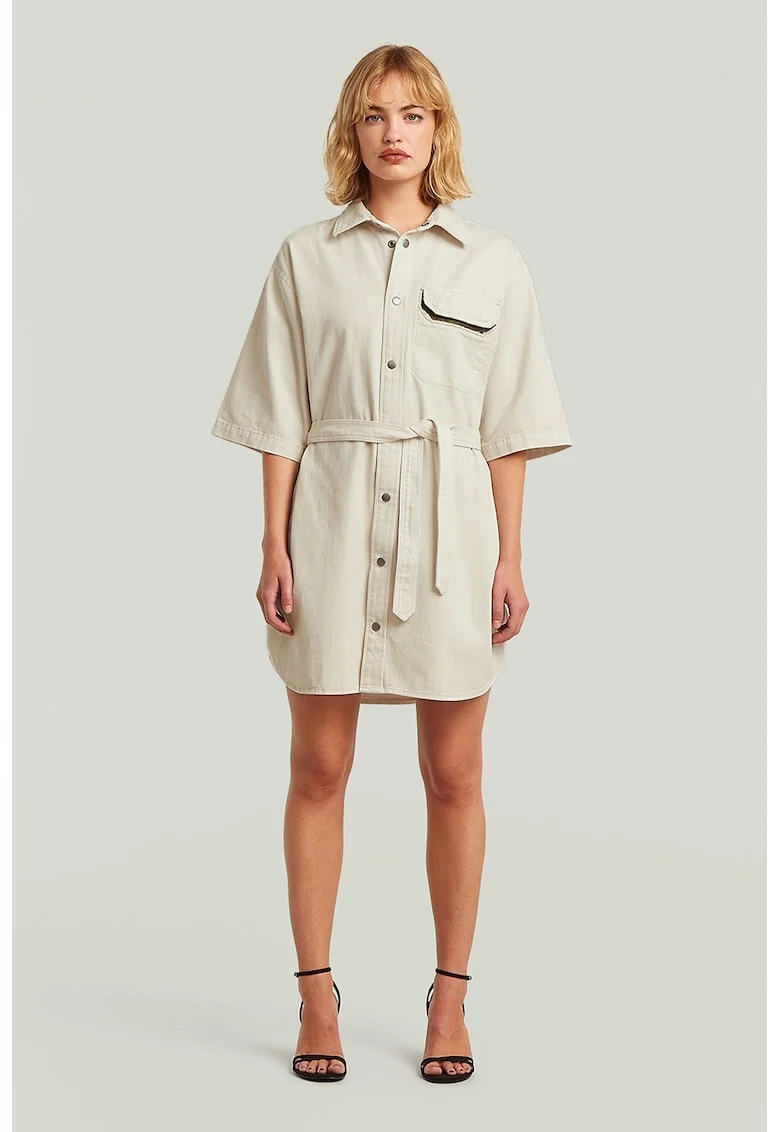 Rochie-camasa cu buzunare, Alb fildes/Alb murdar