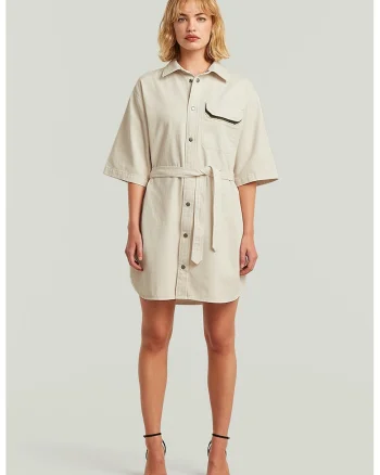 Rochie-camasa cu buzunare, Alb fildes/Alb murdar