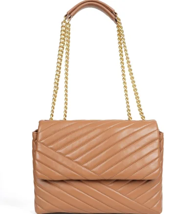 Geantă de femei  Trey, piele naturală, beige închis, două compartimente principale, barete din lant