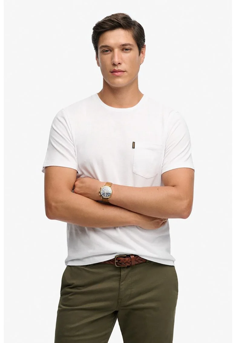 Tricou cu decolteu la baza gatului si buzunar pe piept, Alb optic