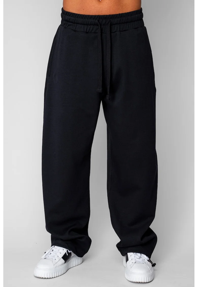 Pantaloni din bumbac, lung cu cordon elastic cu stopper la terminatie Black 20511, Negru